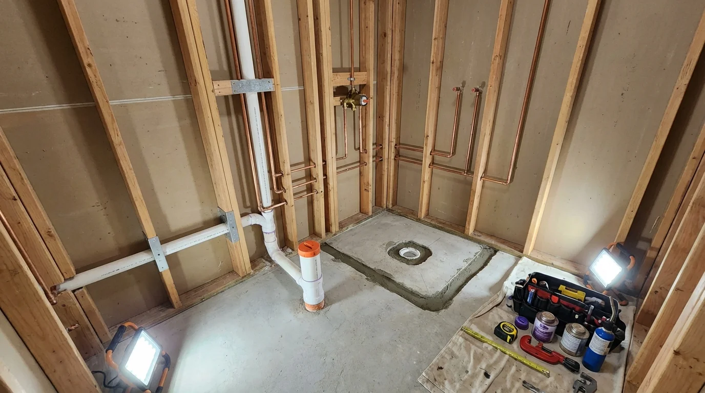 Bathroom rough-in plumbing during remodel by Johns Plumbing LLC in Long Beach