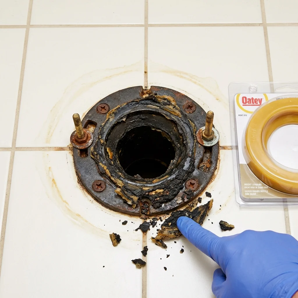 Failed wax ring showing water seepage at the base of a toilet in a Long Beach, MS home